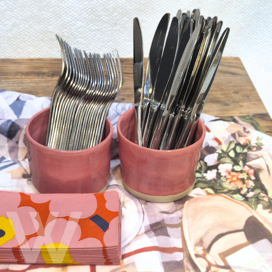 Rhubarb Cutlery Holder Each holder $40 (2 in stock) Each piece is 9cm H by 11cmW Hand‑thrown ceramic cups in a rhubarb pink glaze, perfect for holding cutlery on the table.