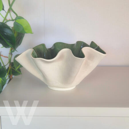 Green Waffle Bowl roughly (28cm W x 13cm H) $130.00. (SOLD) No two platters are the same, which makes each piece extra special. A lovely statement piece for your table or home.